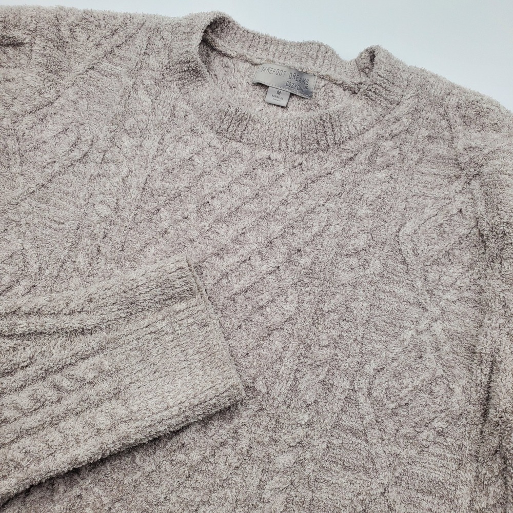 Barefoot Dreams CozyChic Cable Knit Sweater Taupe Crew Neck BDMCC1326 Medium